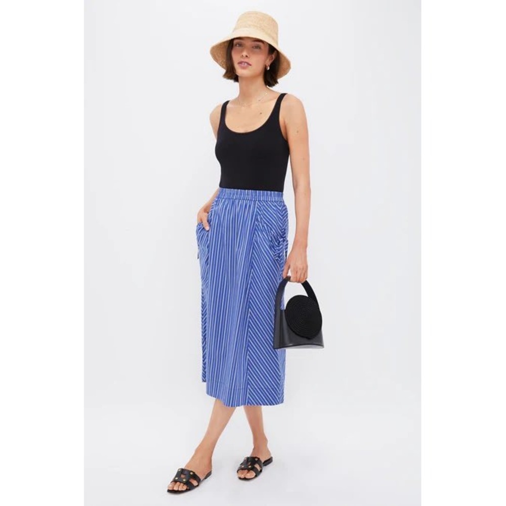 Greylin Blue White Stripe Midi Skirt Elastic Waist Pockets Small Nautical Summer